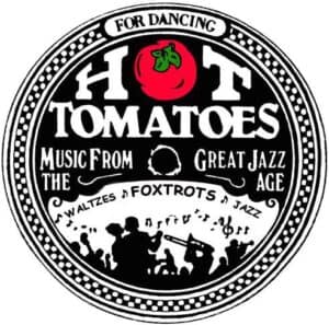 Photo of a round paper label that goes onto vinyl records with the words 'Hot Tomatoes' prominently displayed at the top.