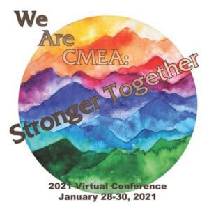 A round illustration showing rainbow-colored mountains used as the promotional illustration used for the January 2021 CMA conference.