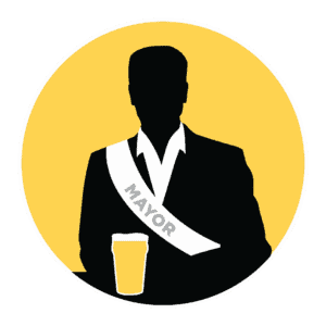 An illustration showing a yellow circle with the outline of a man inside it wearing a white sash tha says 'Mayor' on it.