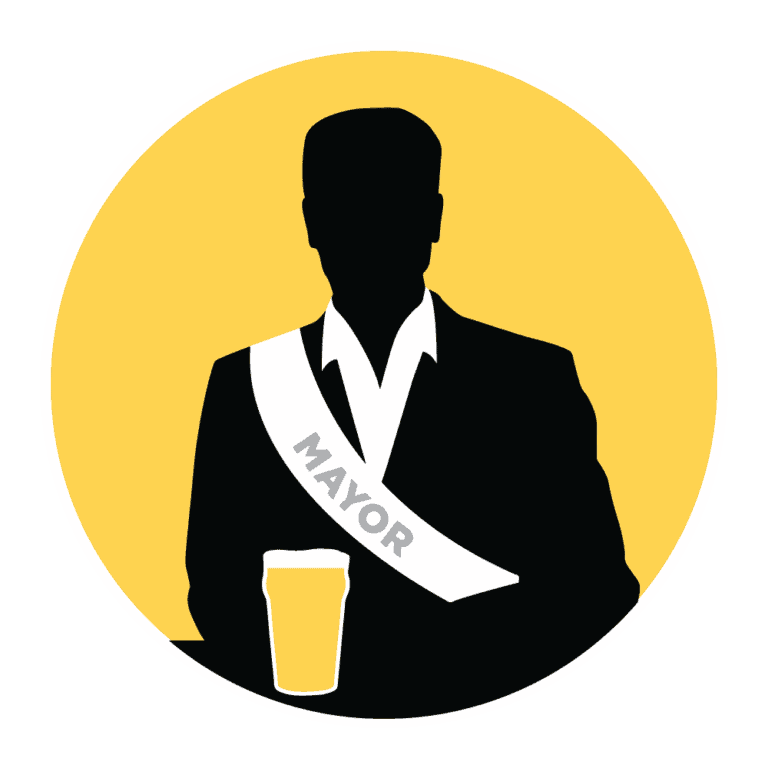 An illustration showing a yellow circle with the outline of a man inside it wearing a white sash tha says 'Mayor' on it.