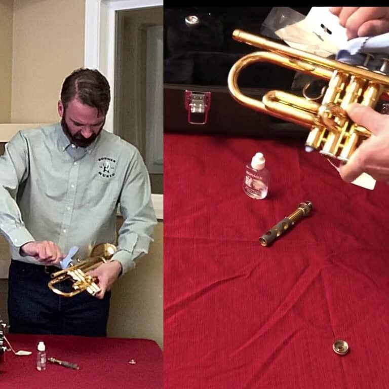 A split image showing Drew disassembling a trumpet on a table on the left, and a close-up of him holding the trumpet with some parts on the table on the right