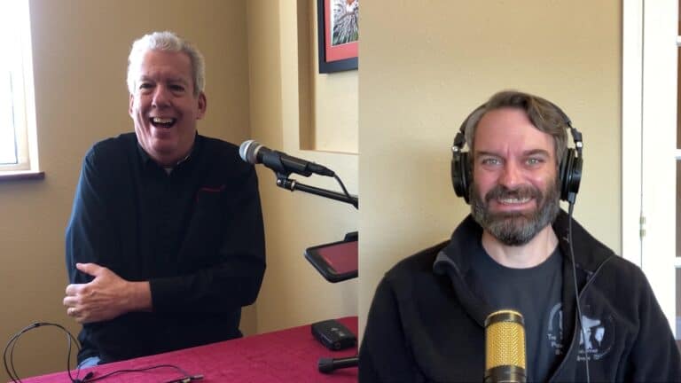 Split image of Drew smiling while wearing headphones on the right and another man speaking into a microphone on a boom on the left.