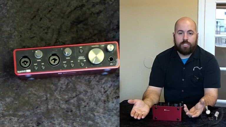 Split image of the Focusrite Scarlett 2i2 USB Audio Interface device on the left and a man in a black shirt with a collar gesturing with his hands while speaking on the right.