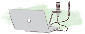 A retro-styled and simplistic illustration of an open laptop and microphone on a boom.