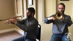 A split image of Drew playing the trumpet in profile on the left and facing the camera on the right