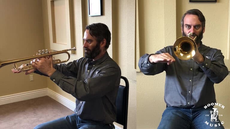 A split image of Drew playing the trumpet in profile on the left and facing the camera on the right
