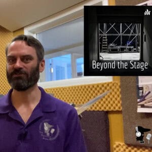 A photo of Drew standing in a dark mustard colored sound room while wearing a purple polo shirt and with a black square image in the upper right-hand corner with white text that says 'Beyond the Stage' on it.