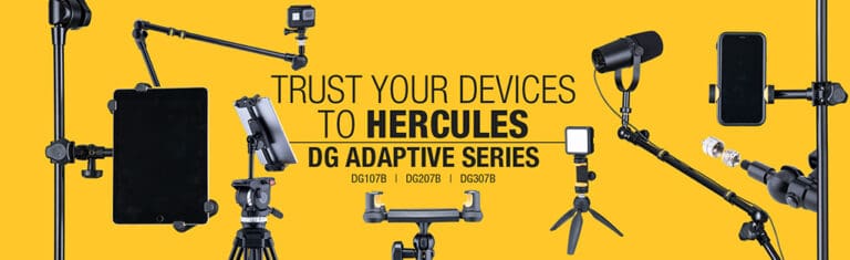 An photo showing numerous Hercules products on a yellow background with text that says "Trust your devices to Hercules DG Adaptive Series DG107B, DG207B, DG307B.