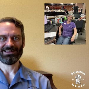 A photo of Drew smiling while seated in a chair with another image of Jeannette Popp seated at a desk in the upper right-hand corner of the image.